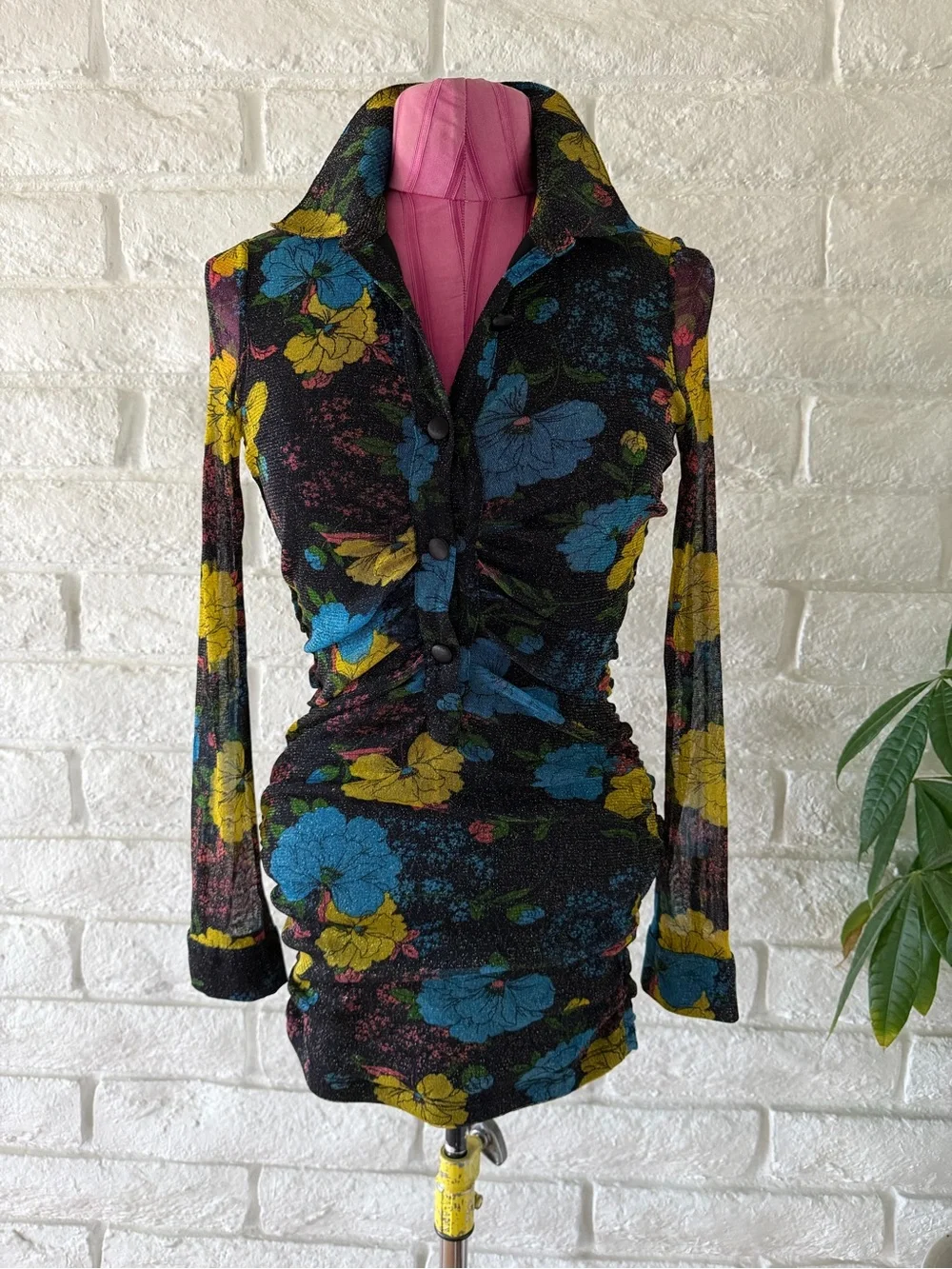Urban Outfitters Ruched Sheer Floral Mini Dress in Blue & Yellow T-23
